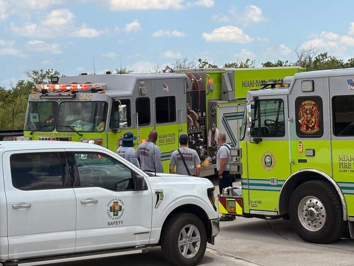 Federal and Miami-Dade County firefighters battled a large wildfire that has burned about 2,500 acres of the Florida Everglades.