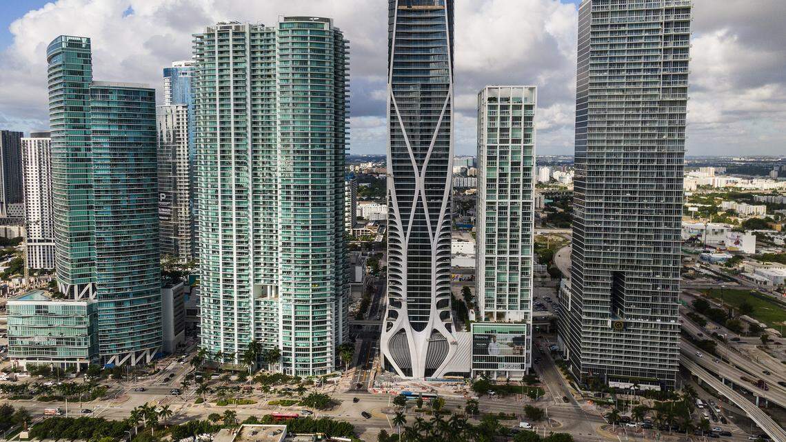 Luxury sales volume more than doubled in Miami-Dade County in 2021. Above: A view of One Thousand Museum (third from right) where units range from about $7 million to $23 million, according to Miami Condo Investments.