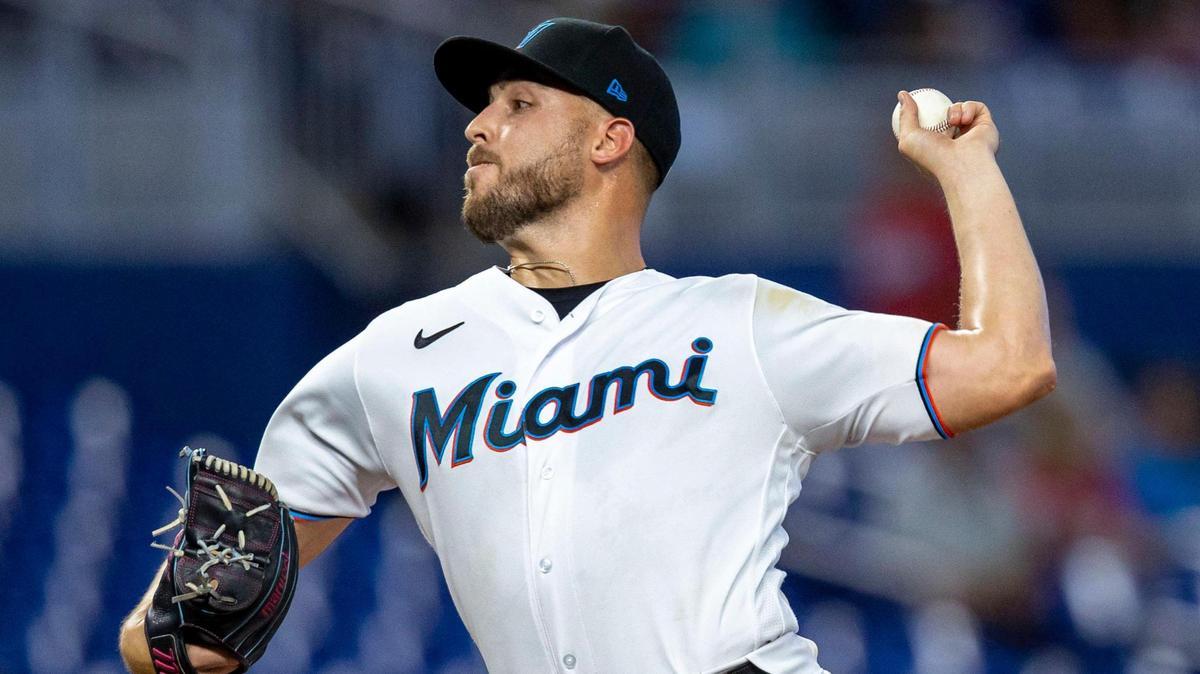 Miami Marlins pitcher Daniel Castano (20) throws the ball during the first inning of an MLB game against the Pittsburgh Pirates at loanDepot park in the Little Havana neighborhood of Miami, Florida, on Tuesday, July 12, 2022.
