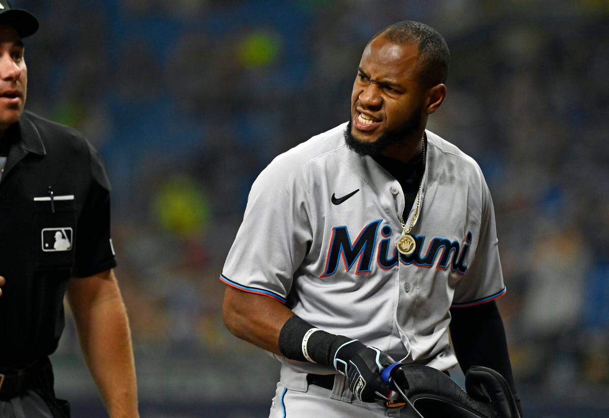 Miami Marlins’ Bryan De La Cruz, right, yells at home plate umpire John Libka when he was ejected after striking out during the first inning of a baseball game against the Tampa Bay Rays, Friday, Sept. 24, 2021, in St. Petersburg, Fla. (AP Photo/Steve Nesius)