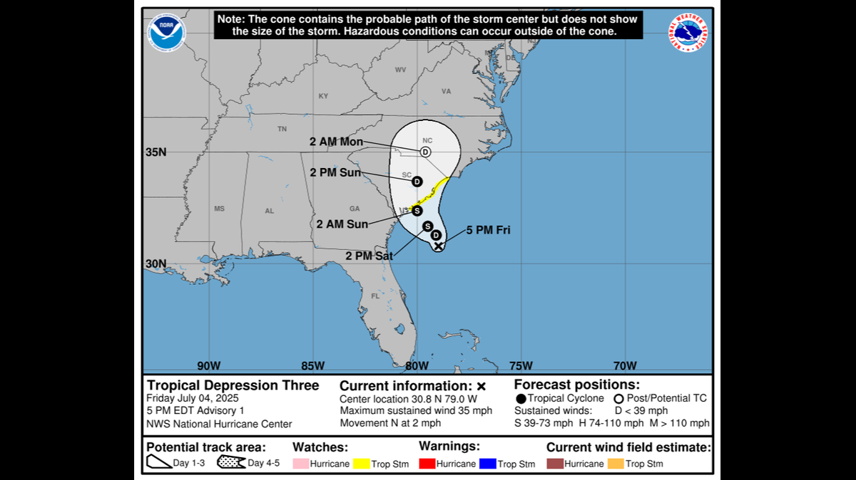 The forecast track for Tropical Depression 3, which is expected to become Tropical Storm Chantal.