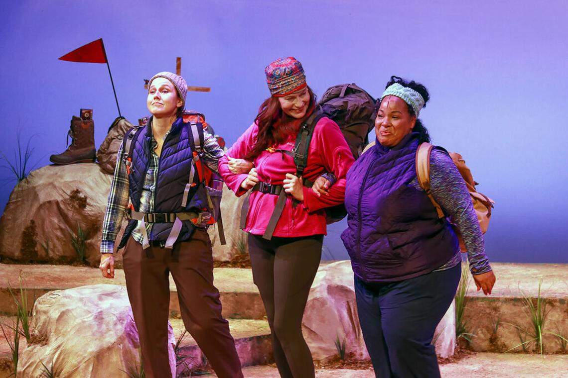 Comrades in arms, from left, Elizabeth Price as Sophie, Anna Lise Jensen as Monica, and Kareema Khouri as Paula in the U.S. premiere of “Step By Step” at Actors’ Playhouse at the Miracle Theatre.