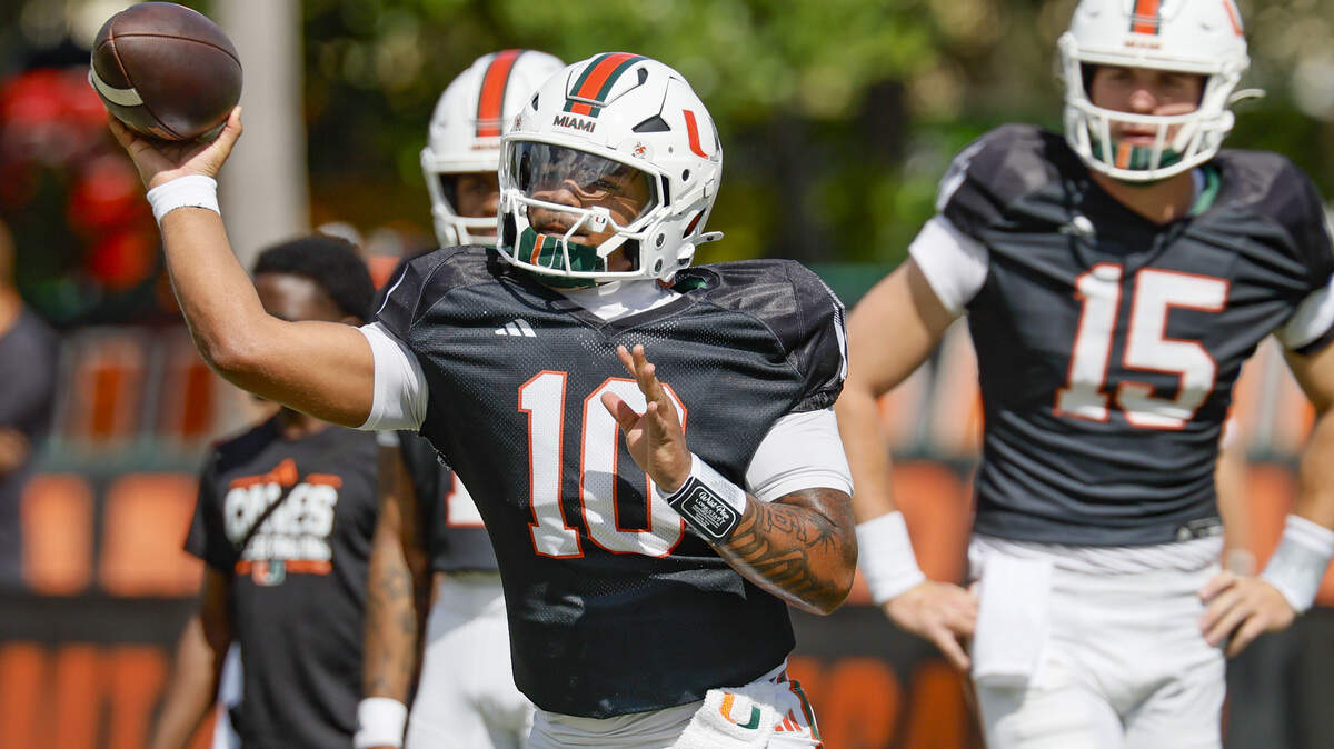 Miami Hurricanes quarterback Darian Mensah (10) passes during UM’s spring football game at Cobb Stadium on the University of Miami campus in Coral Gables, Florida, on Saturday, April 18, 2026.