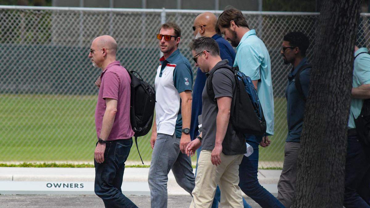 The MLB Players Association contingent, including pitcher Max Scherzer (center), walks into Roger Dean Chevrolet Stadium on Sunday, Feb. 27, 2022, for a seventh consecutive day of labor negotiations for a new collective bargaining agreement.