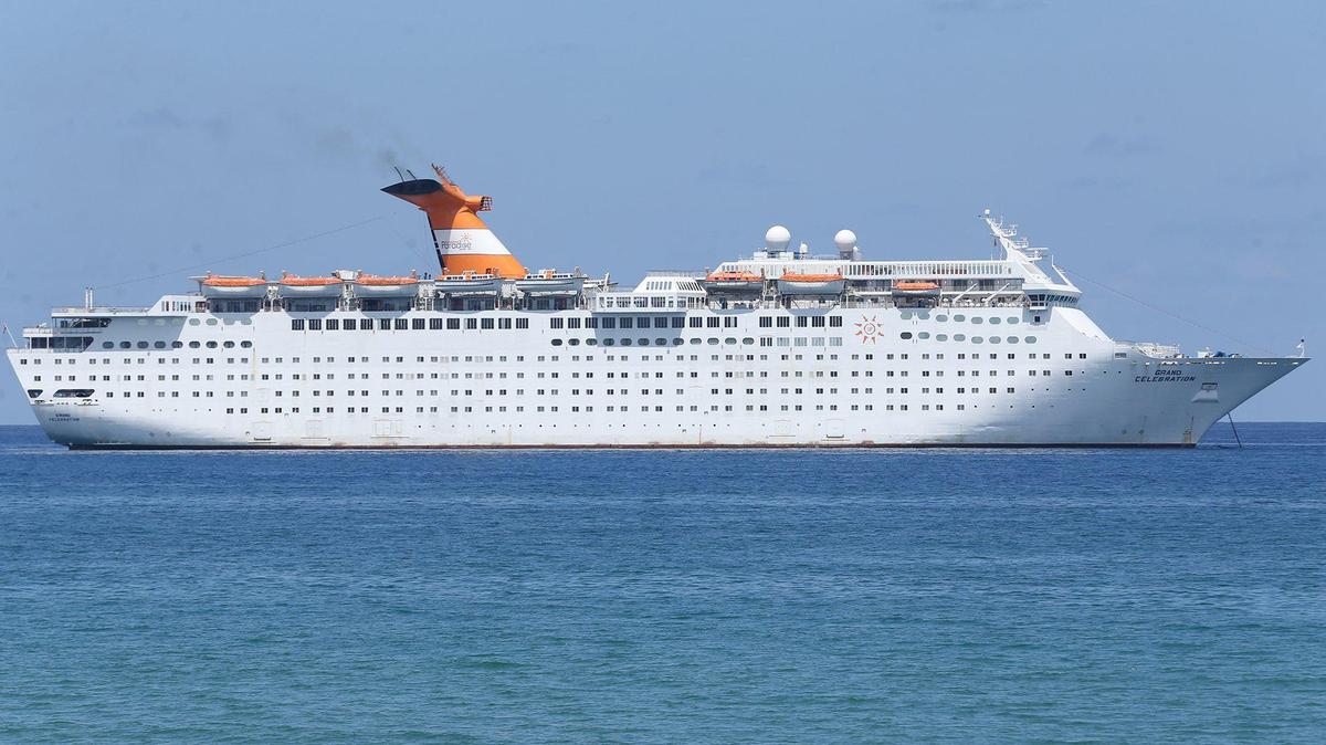 Bahamas Paradise Cruise Line Grand Celebration ship sits off the Port of Palm Beach, August 6, 2020. The crew are working without wages during the pandemic.