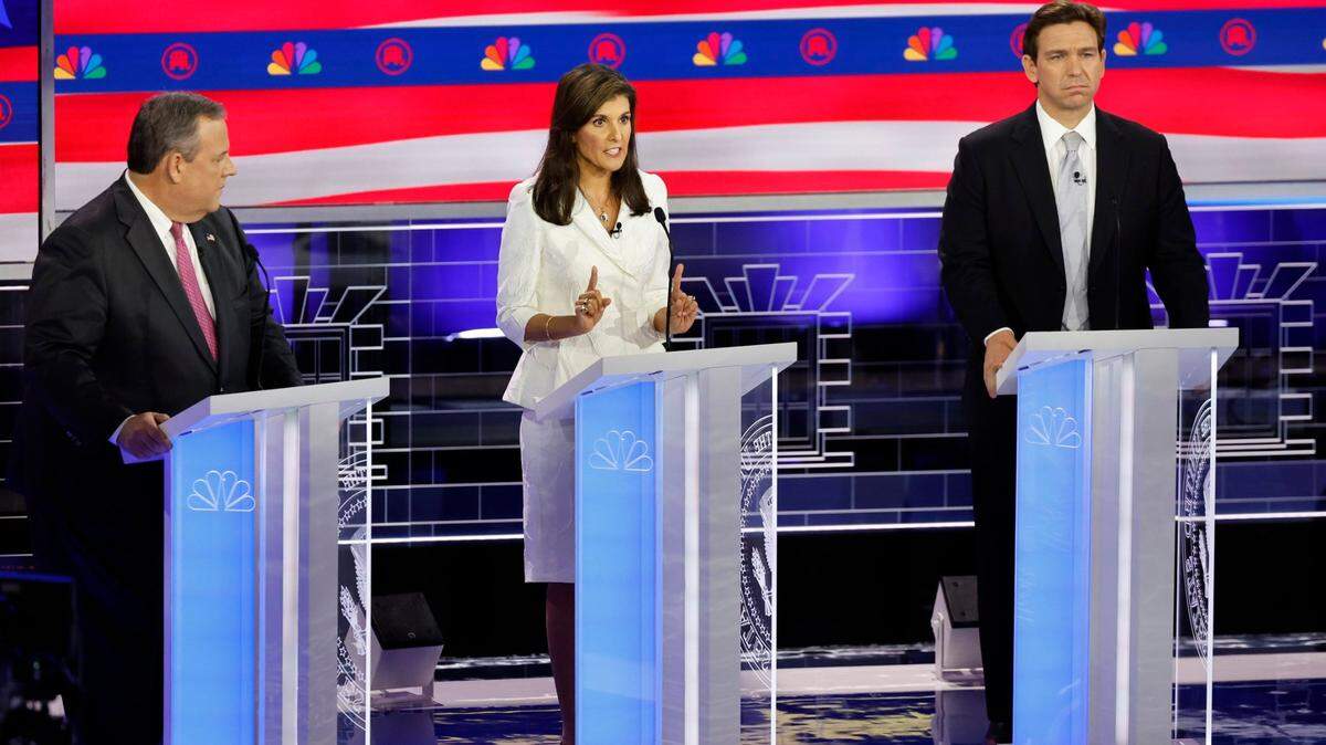 Former U.N. Ambassador Nikki Haley speaks during the third Republican presidential primary debate at the Adrienne Arsht Center for the Performing Arts in Miami, on Nov. 8.