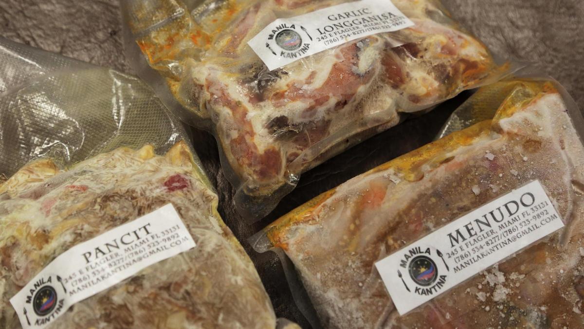 Miami, Florida, June 11, 2020- Frozen Filipino meals are stocked at Manila Kantina for purchase and Filipino crew members working at the cruise ships docked Port of Miami usually purchase these items to take with them. Because of the Cruise ship industry shut down due to the Coronavirus pandemic these specialty items sit at Manila Kantina.