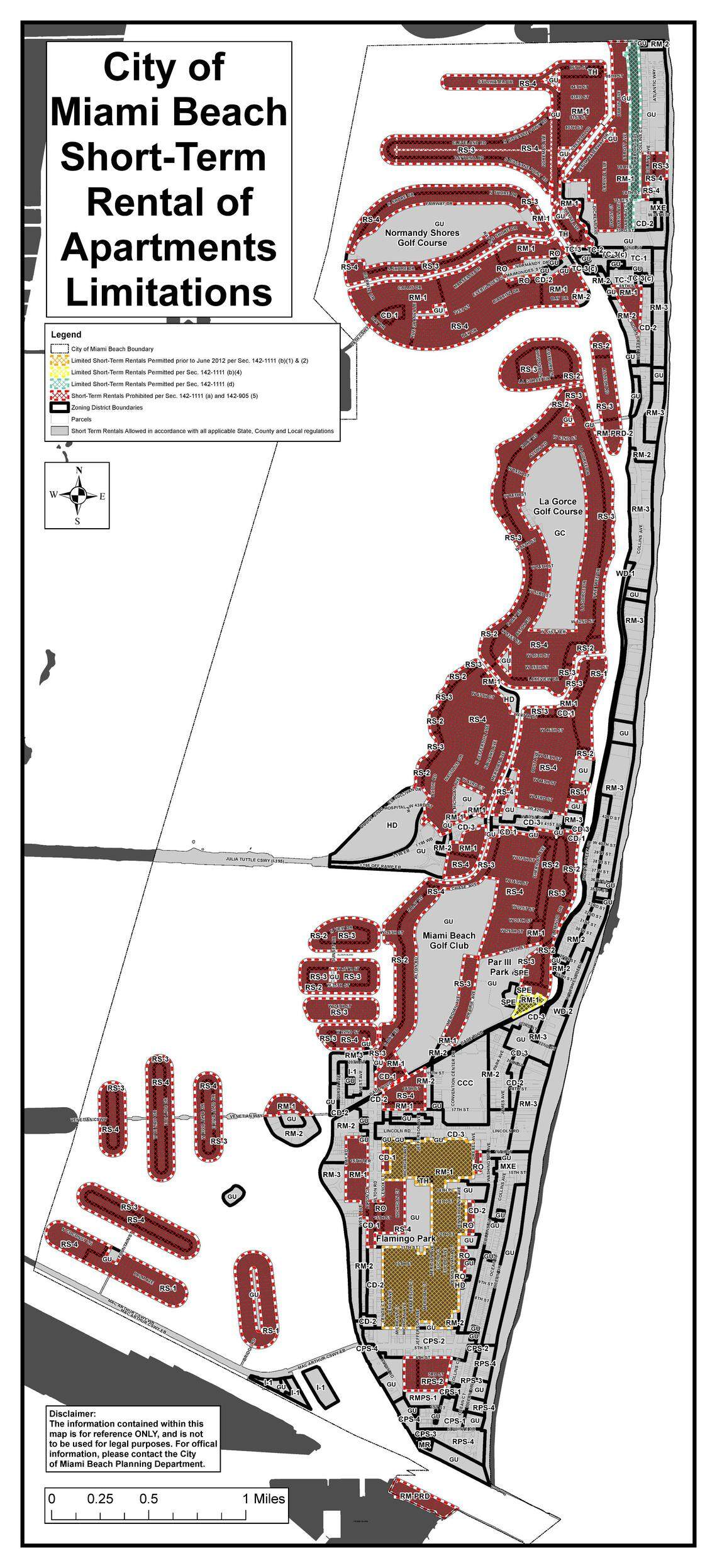 The City of Miami Beach prohibits short-term rentals, on peer-to-peer sites like Airbnb, for under six months and a day in much of the city.