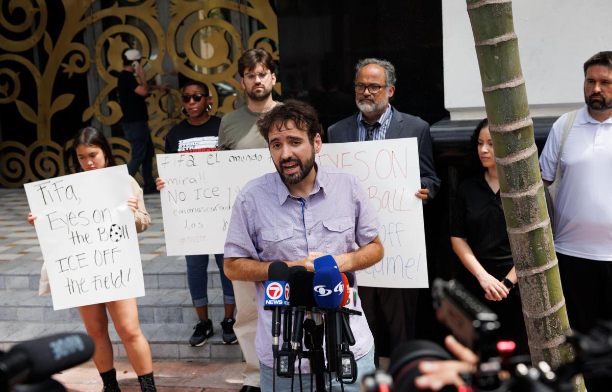 Thomas Kennedy, with the Florida Immigrant Coalition, speaks during a press conference protesting the presence of ICE agents at FIFA World Cup games on Monday, June 30, 2025, outside the FIFA building in Coral Gables, Florida. “We’re calling to not have ICE agents at these games so that fans can enjoy,” said Kennedy.