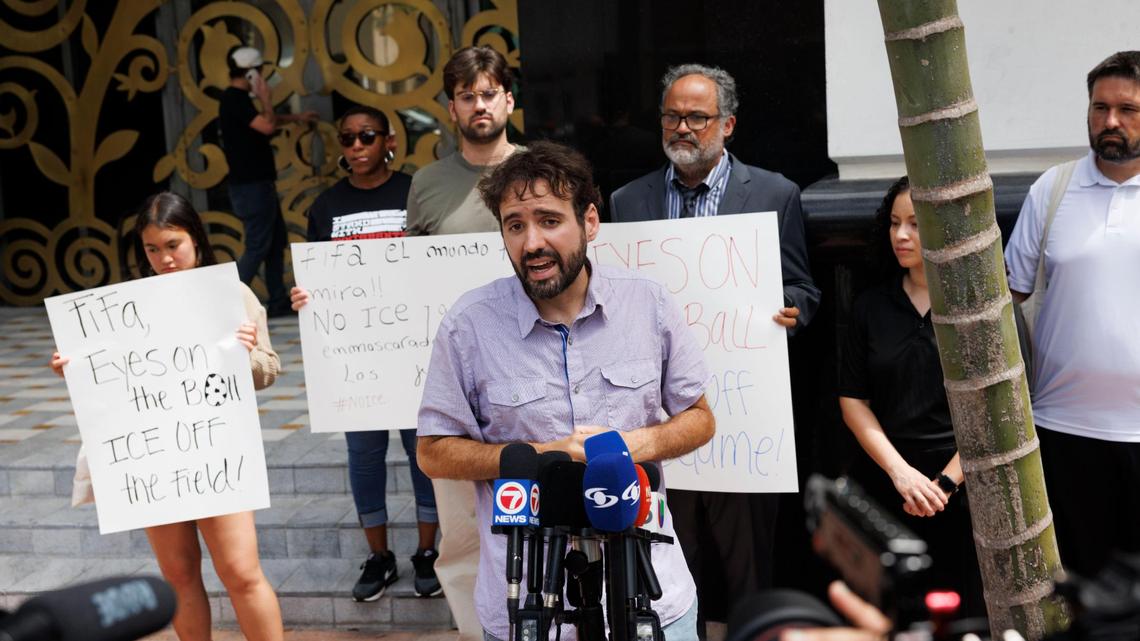 Thomas Kennedy, with the Florida Immigrant Coalition, speaks during a press conference protesting ICE Agents at the FIFA World Cup games on June 30 outside the FIFA building in Coral Gables.