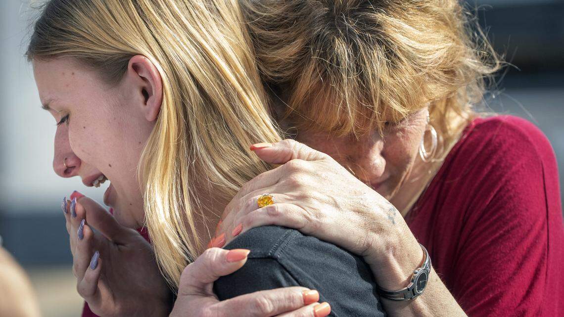 Santa Fe High School student Dakota Shrader is comforted by her mother, Susan Davidson, following a shooting at the school on Friday, May 18, 2018, in Santa Fe, Texas. Shrader said her friend was shot in the incident.
