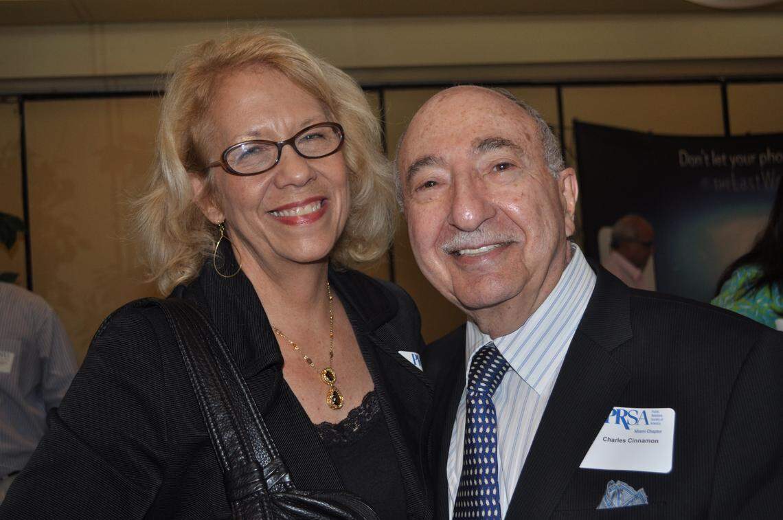 Longtime Miami Herald theater critic Christine Dolen and Charlie Cinnamon in 2011 when the Public Relations Society of America Miami Chapter presented him with its Royal Palm Award.
