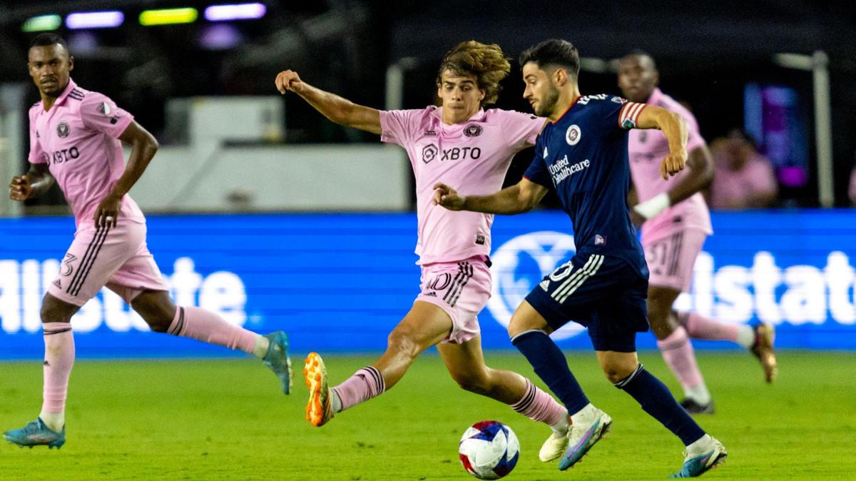 Inter Miami CF midfielder Benjamin Cremaschi (30) defends New England Revolution midfielder Carles Gil (10) during the second half of an MLS game at DRV PNK Stadium in Fort Lauderdale, Florida, on Saturday, May 13, 2023. David Ruiz41