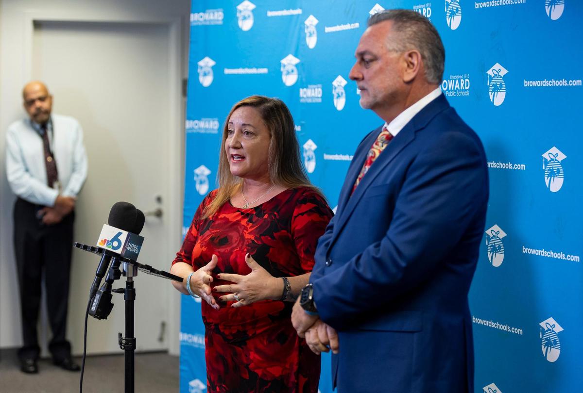 Broward County School Board chair Lori Alhadeff and superintendent Peter Licata speak during a press conference at the Kathleen C. Wright Building on Tuesday, Nov. 14, 2023, in Fort Lauderdale, Fla.