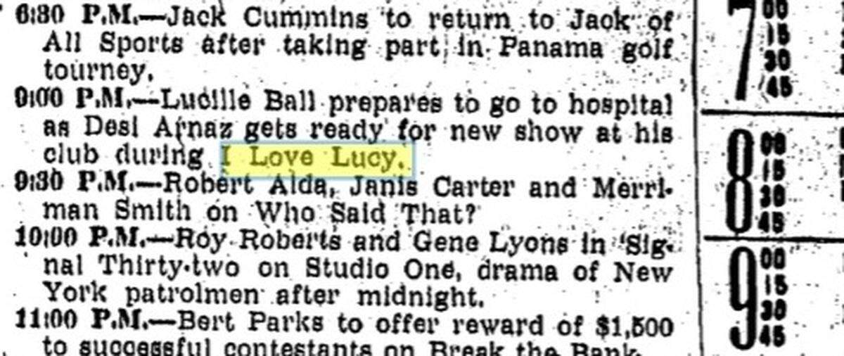 “I Love Lucy” TV listings in the Miami Herald on Jan. 19, 1953, when the title character gives birth to Little Ricky.