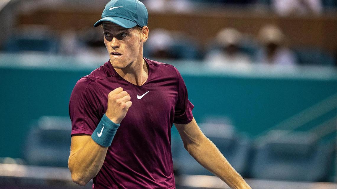 Jannik Sinner (ITA), world ranking No, 9, reacts as he scores against Carlos Alcaraz (SPA), world ranking No. 1, during the men’s singles semifinals match at the Miami Open tennis tournament in the Hard Rock Stadium in Miami Gardens, on Friday March 31, 2023.