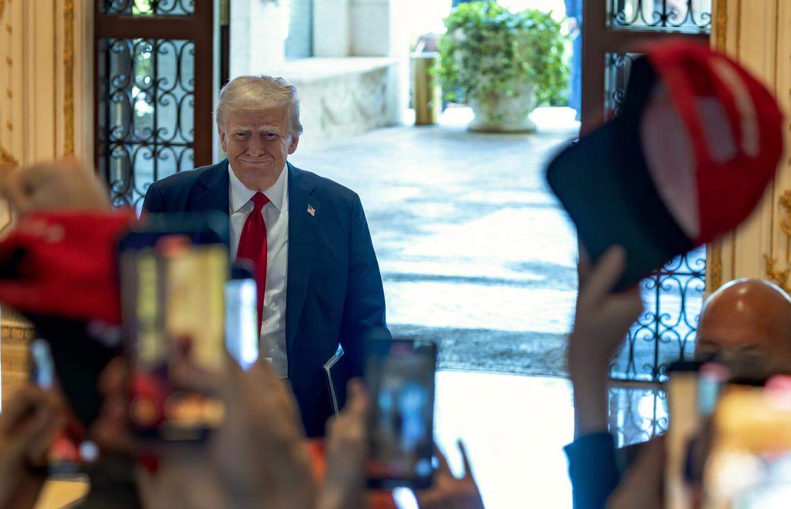 Republican presidential nominee former President Donald Trump arrives before a news conference where he discussed his campaign status on Tuesday, Oct. 29, 2024,  at his Mar-a-Lago estate in Palm Beach, Fla. 