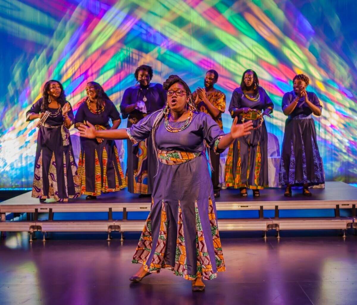 Daryl Patrice and the choir sing “Didn’t It Rain” in M Ensemble’s production of “God’s Trombones.”