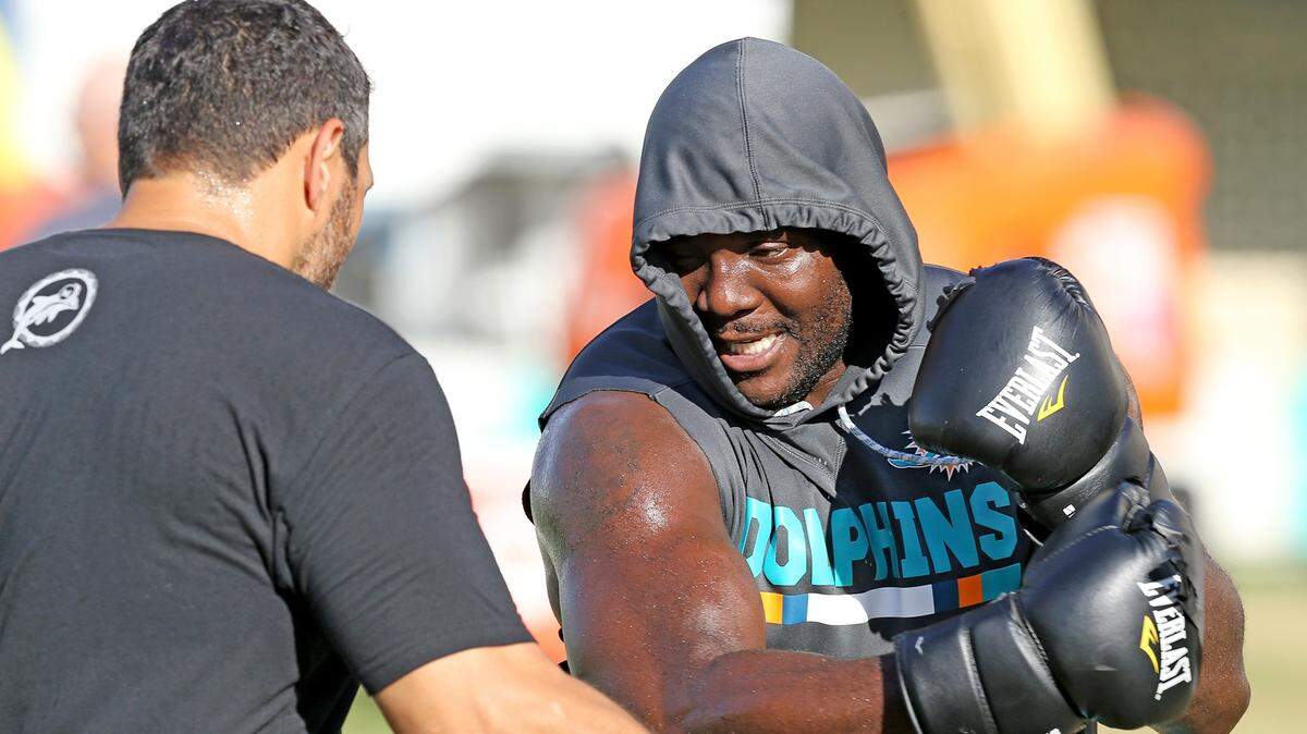 Miami Dolphins defensive end William Hayes boxes with strength coach Dave Puloka during training camp at the Miami Dolphins training facility earlier this month.