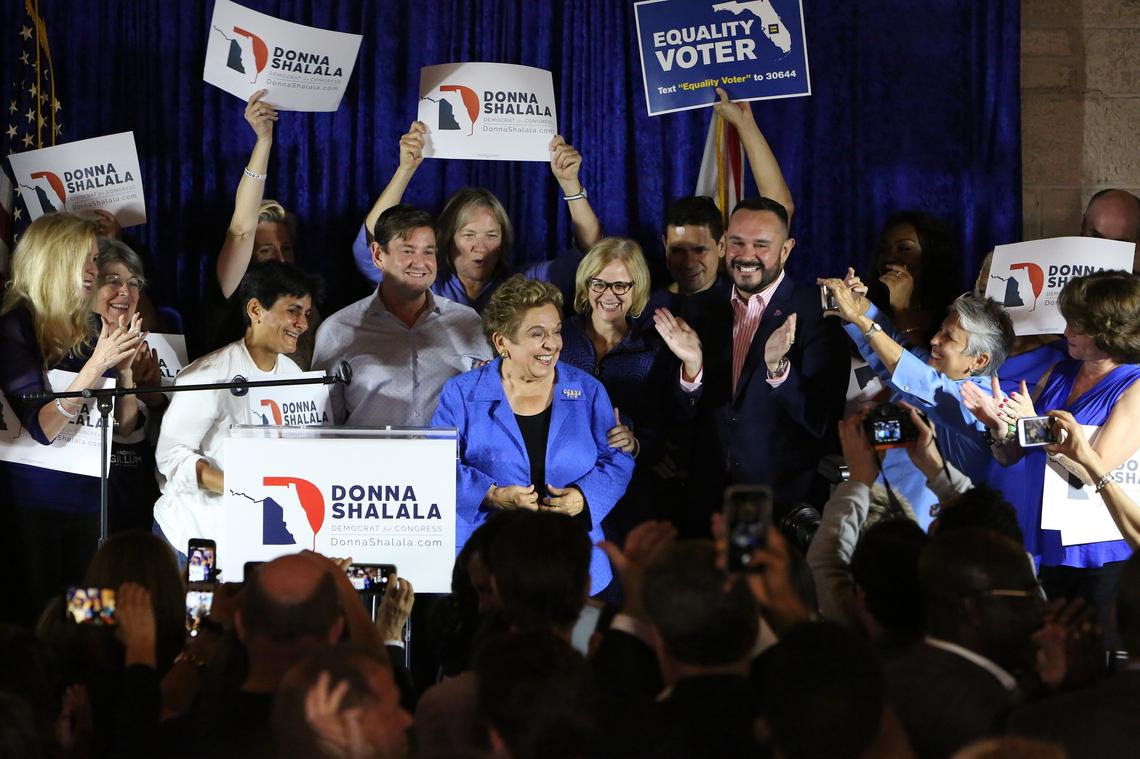 Democratic Congressional candidate, Donna Shalala, celebrates her victory over Republican TV journalist Maria Elvira Salazar, for  District 27, at the Coral Gables Woman’s Club, Nov. 6, 2018.