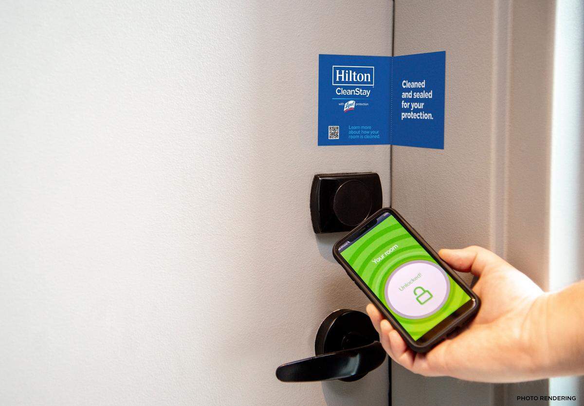 The door seal on a Canopy Hilton Hotel room on April 24, 2020, in Washington, D.C., indicating the room has been cleaned and no one has been in it since.