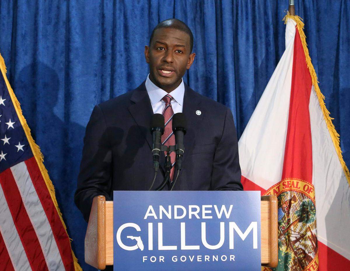Andrew Gillum speaks at a November 2018 news conference in Tallahassee, Fla. Florida’s ethics commission has said there was probable cause that Gillum broke ethics rules as mayor of Tallahassee.