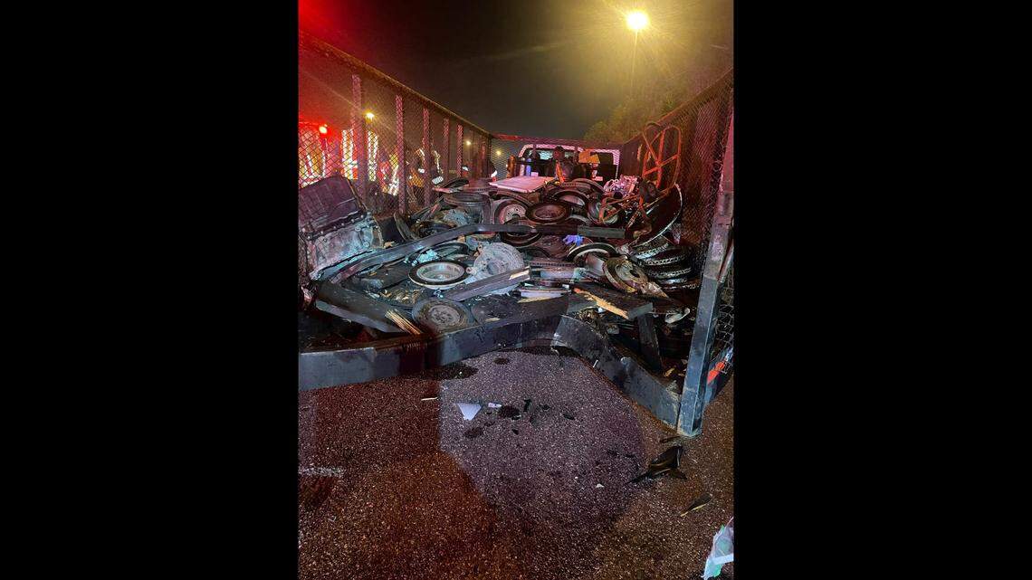 A Florida biker died in a crash after he collided with a trailer and went sailing through the air into its load of car parts, according to the Florida Highway Patrol.