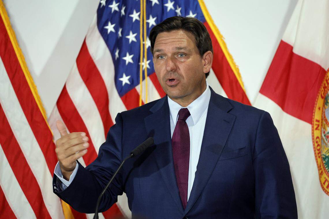 Governor Ron DeSantis speaks during a news conference at Palm Beach State College in Lake Worth on Wednesday, Aug. 20, 2025. (Amy Beth Bennett / South Florida Sun Sentinel)