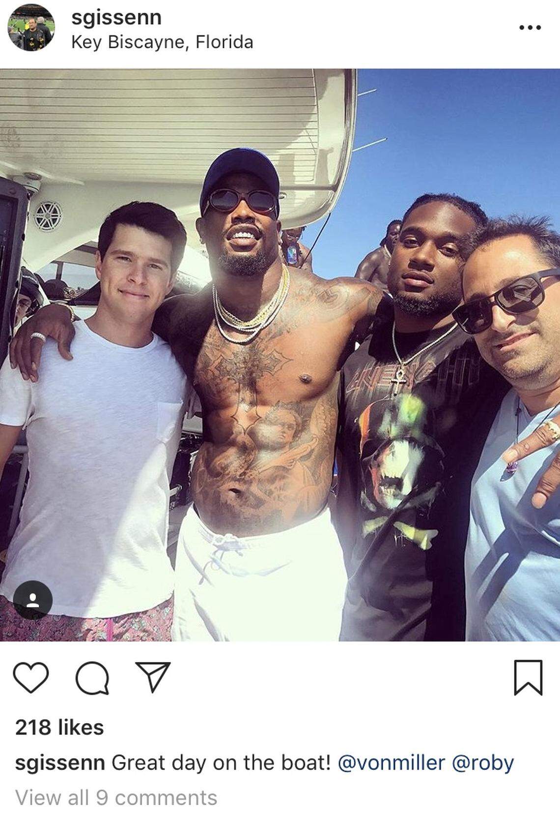 Yacht owner Seth Gissen, right, with Denver Broncos Von Miller and Bradley Roby on his yacht, the No Rules.