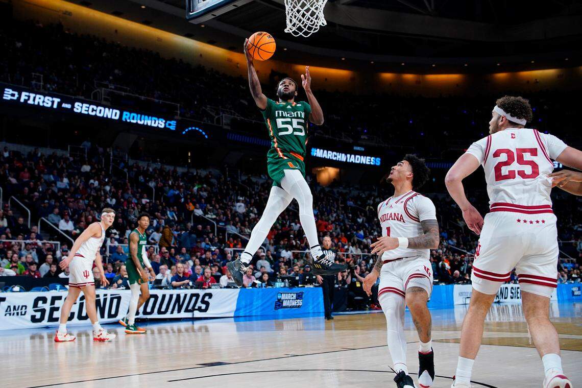 Mar 19, 2023; Albany, NY, USA; Miami (Fl) Hurricanes guard Wooga Poplar (55) shoots the ball against the Indiana Hoosiers during the first half at MVP Arena. Mandatory Credit: Gregory Fisher-USA TODAY Sports