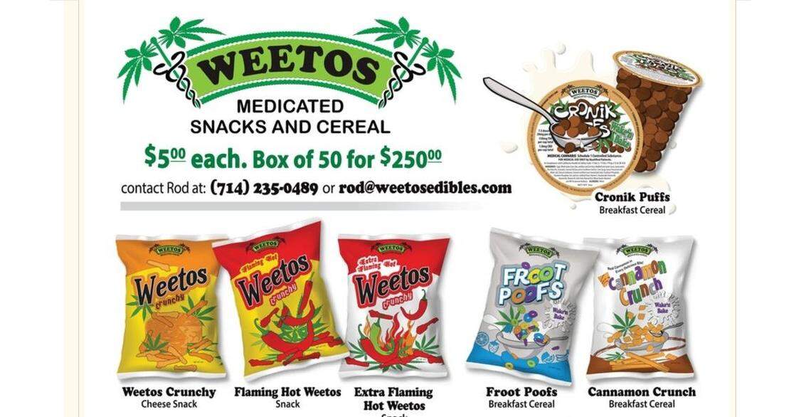 The home page of Weetos Medicated Snacks and Cereal, a California company that markets products infused with marijuana. These snacks are legal when sold to adults in California. The bag's design differs from the "Weetos" a student brought to a Hollywood, Florida,  school on April 23, 2018.