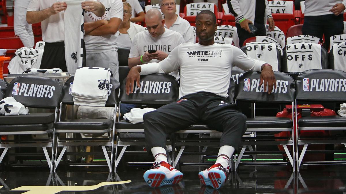 Miami Heat guard Dwyane Wade looks on before the start of Game 3 of a first-round NBA basketball playoff series at AmericanAirlines Arena in Miami on Thursday, April 19, 2018.