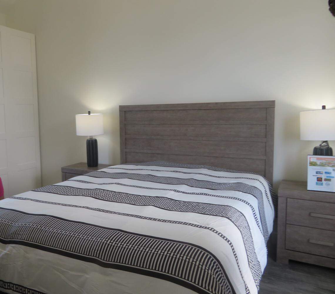 The main bedroom inside the Keys Cottage, the first of nine planned “Keys Cottages, ”  in Big PIne Key. The homes are designed as affordable housing to be built after Hurricane Irma.
