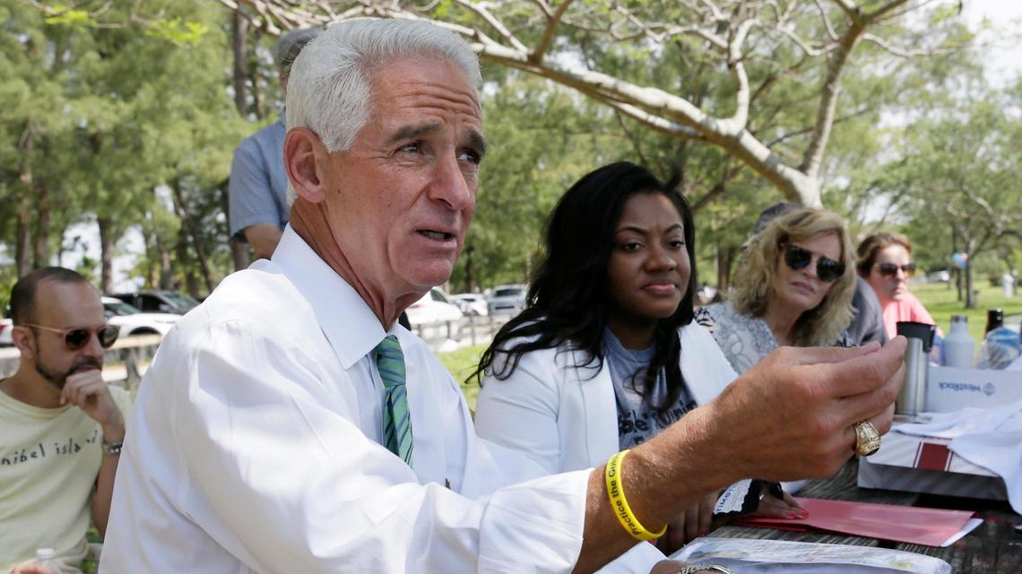 Democratic candidate for Florida governor Charlie Crist meets with Miami-Dade Democratic Cuban Americans Saturday, May 8, 2021 at Tropical Park in Miami. Next to the congressman is Kassandra Timothe. She is running for North Miami City Council District 2.