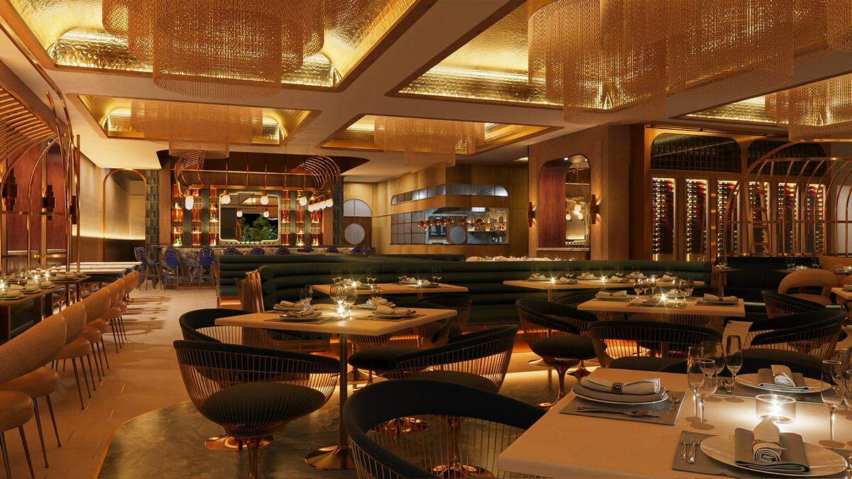 The indoor dining room at Oro rooftop restaurant, coming to Miami Beach.