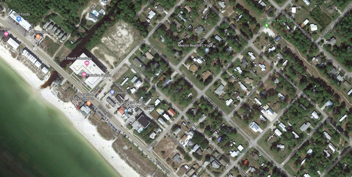 An aerial shot of Mexico Beach before Michael hit shows Toucan’s, a popular beachfront bar and grill. Source: Google Earth