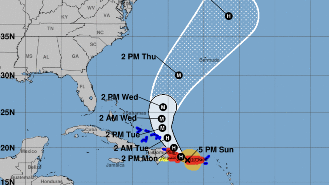 The projected path of Hurricane Fiona as of 5 p.m. Sunday, Sept. 18