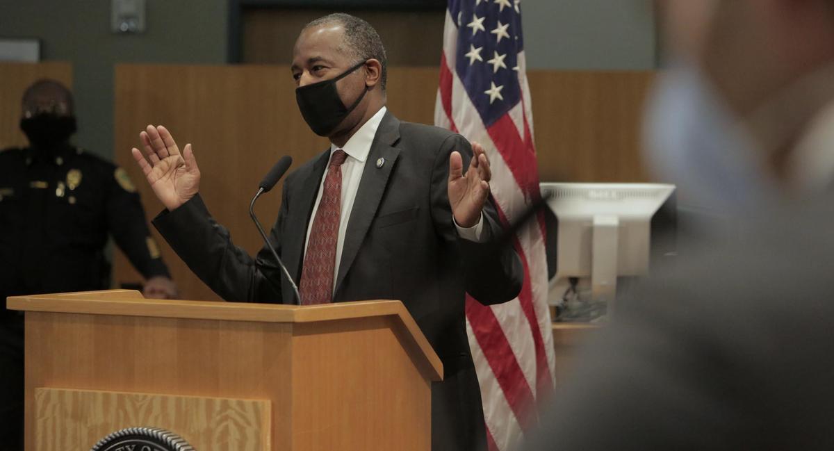 Ben Carson, U.S. Secretary of Housing and Urban Development, discusses programs the city of Miami had funded with money from the CARES Act, a federal relief program tied to the COVID-19 pandemic, during a press conference at Miami City Hall.