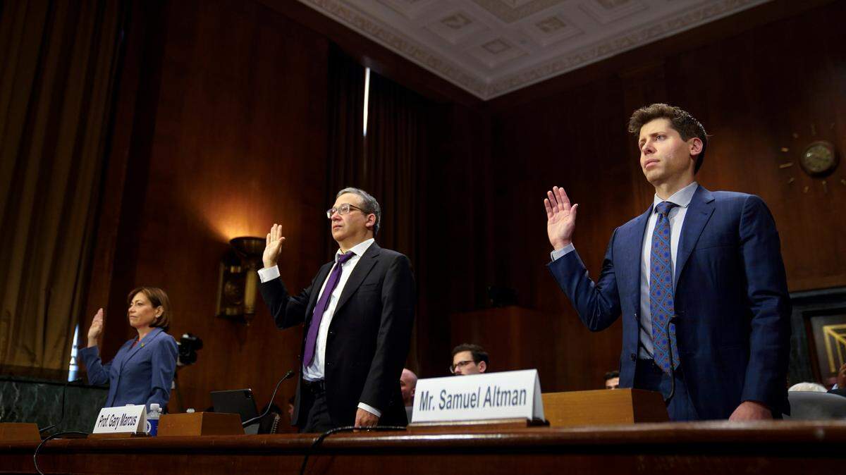 In May, Samuel Altman, CEO, OpenAI, right, Gary Marcus, Professor Emeritus, New York University, center, and Christina Montgomery, Chief Privacy & Trust Officer, IBM, left, testifying before the Senate Committee on the Judiciary Subcommittee on Privacy, Technology, and the Law hearing on Artificial Intelligence in Washington.