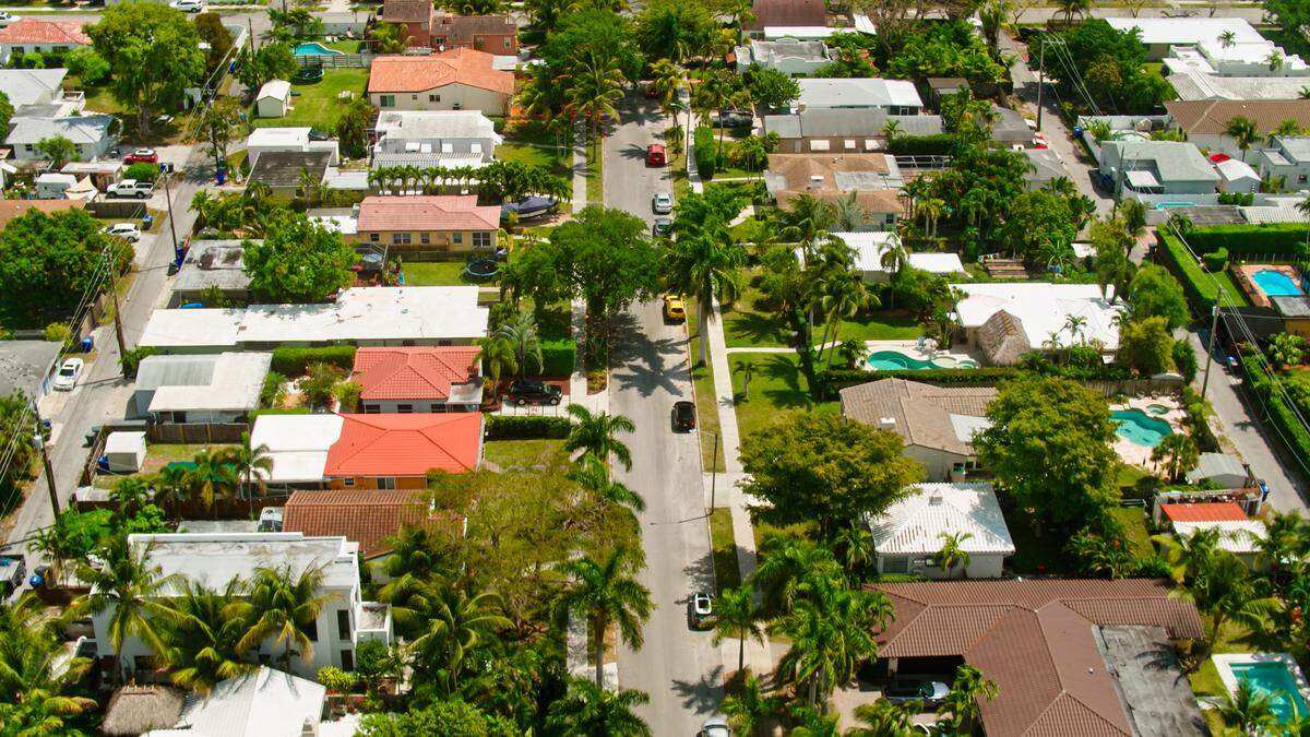 Aerial shot of houses in Hollywood, Florida. Authorization was obtained from the FAA for this operation in restricted airspace.