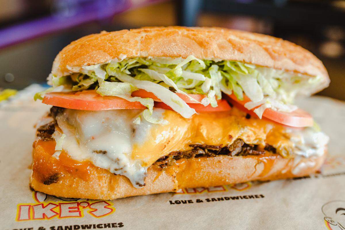 The popular Madison Bumgarner sandwich, named for the Arizona Diamondbacks pitcher, comes with steak, Ike’s yellow BBQ sauce, habanero, pepper jack, American cheese.