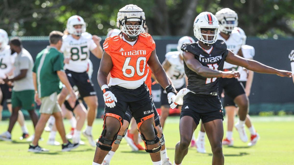 Miami Hurricanes offensive lineman Zion Nelson (60) warms up during practice drills at the University of Miami’s Greentree Practice Field in Coral Gables on Wednesday, March 9, 2022.