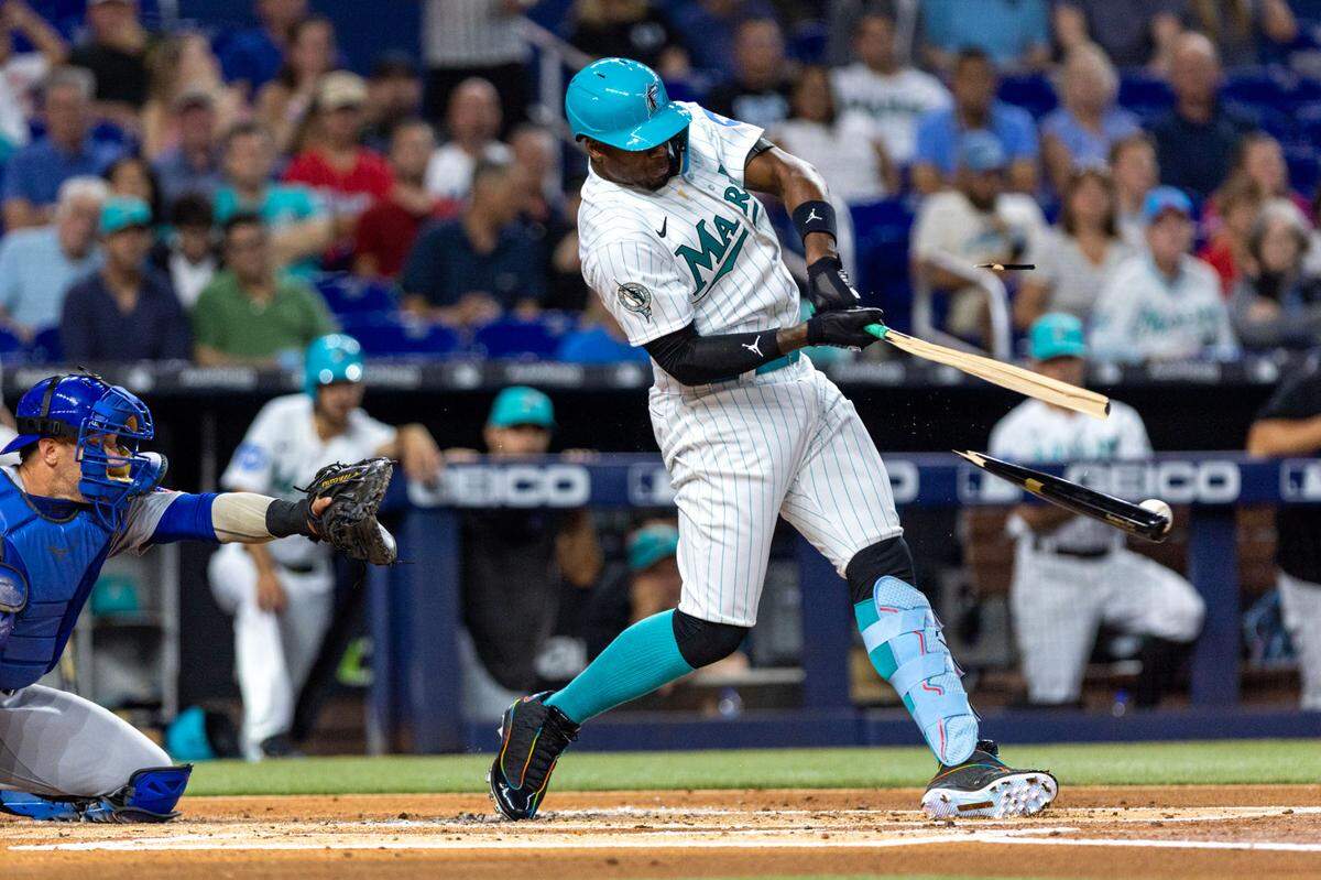 Miami Marlins batter Jorge Soler grounds out during the first inning of a MLB game against the Chicago Cubs at loanDepot Park, in Miami, Florida, on Friday, April 28, 2023.