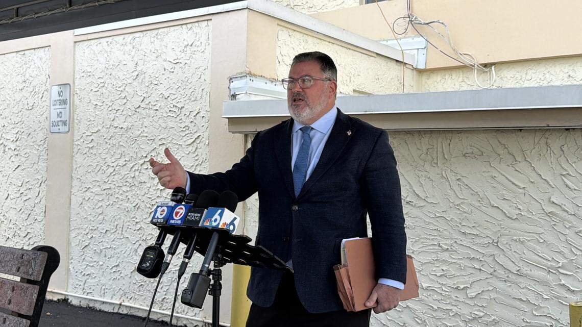 Attorney Michael Pizzi speaks to reporters at a press conference Feb. 10 on behalf of his client, Pembroke Park Mayor Geoffrey Jacobs. Pizzi argued that Jacobs lives in Pembroke Park despite allegations that he lives in Fort Pierce.