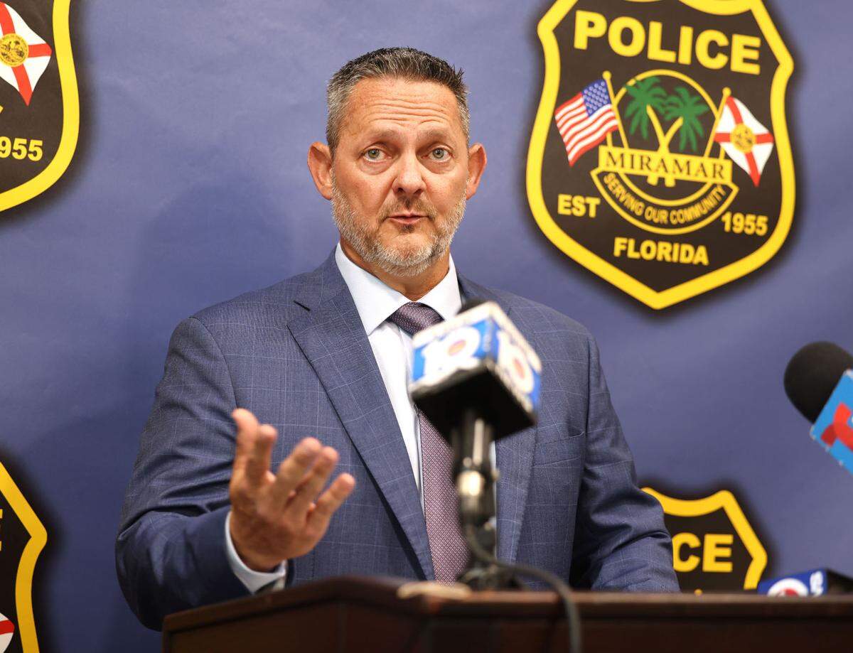 Danny Smith, lead homicide detective, speaks during a press conference to announce Harry Collier, who is now deceased, as an offender of a 37-year-old homicide cold case at Miramar Police Department on Tuesday, June 18, 2024. On October 21, 1986, William “Billy” Halpern was brutally murdered in his Miramar home. (Carline Jean/South Florida Sun Sentinel)