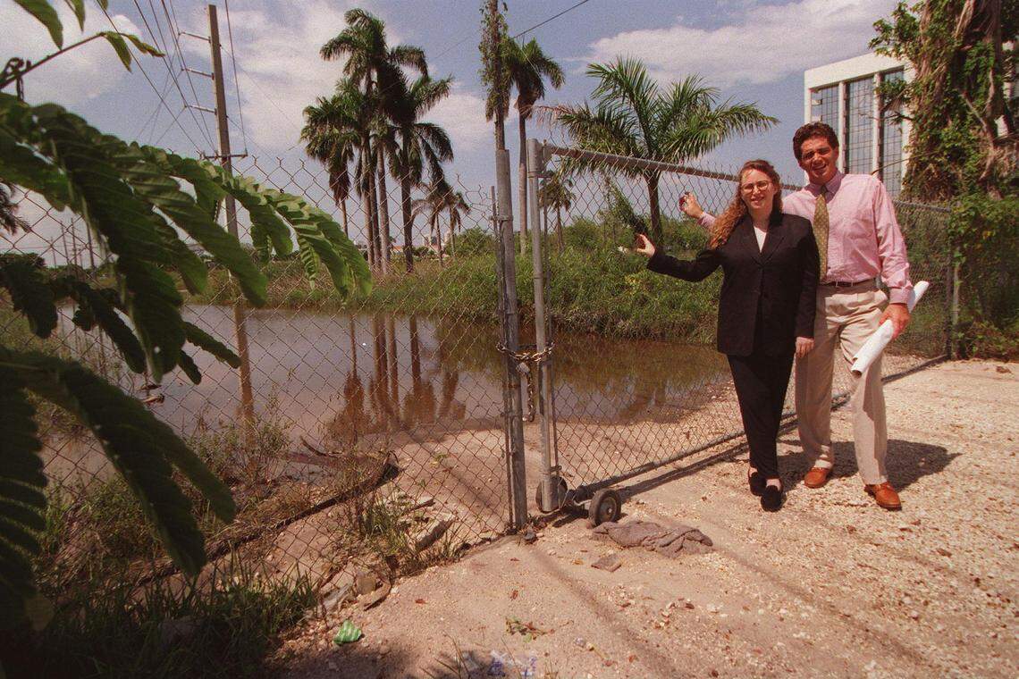 In this 1997 photo, Jackie and Jeffrey Soffer stand next to a plot of land in Aventura soon after they assumed the primary operations of Turnberry Associates.