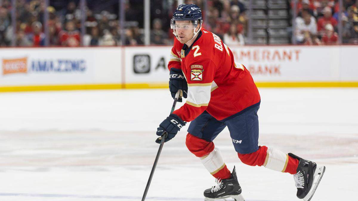 Florida Panthers defenseman Tobias Bjornfot (2) skates with the puck in the first period of his NHL game against the Boston Bruins at Amerant Arena on Saturday, Jan. 11, 2025, in Sunrise, Fla.