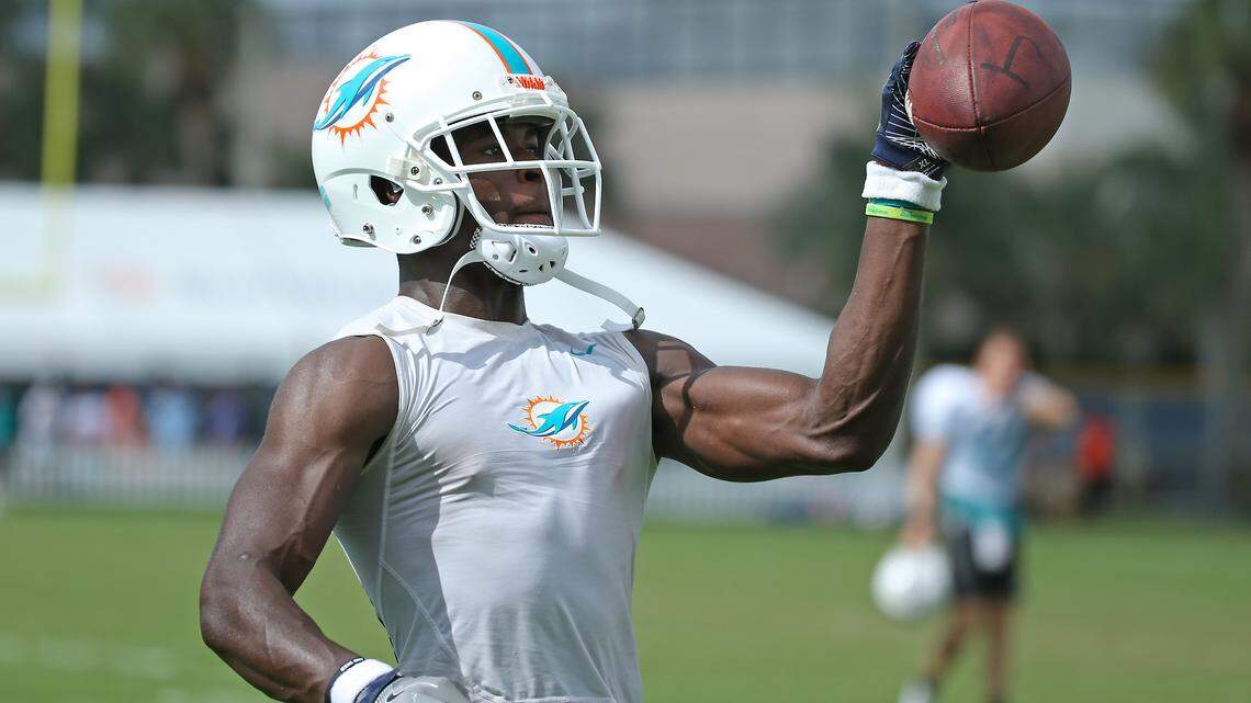 Miami Dolphins wide receiver Isaiah Ford participates in drills during a recent practice. Ford is competing for a potential sixth receiver job.
