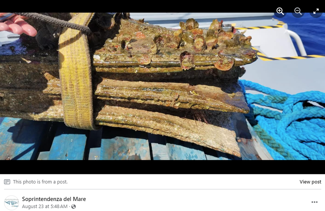 Possible inscriptions on the bronze may be uncovered once the sea life is removed from the surface, officials said.