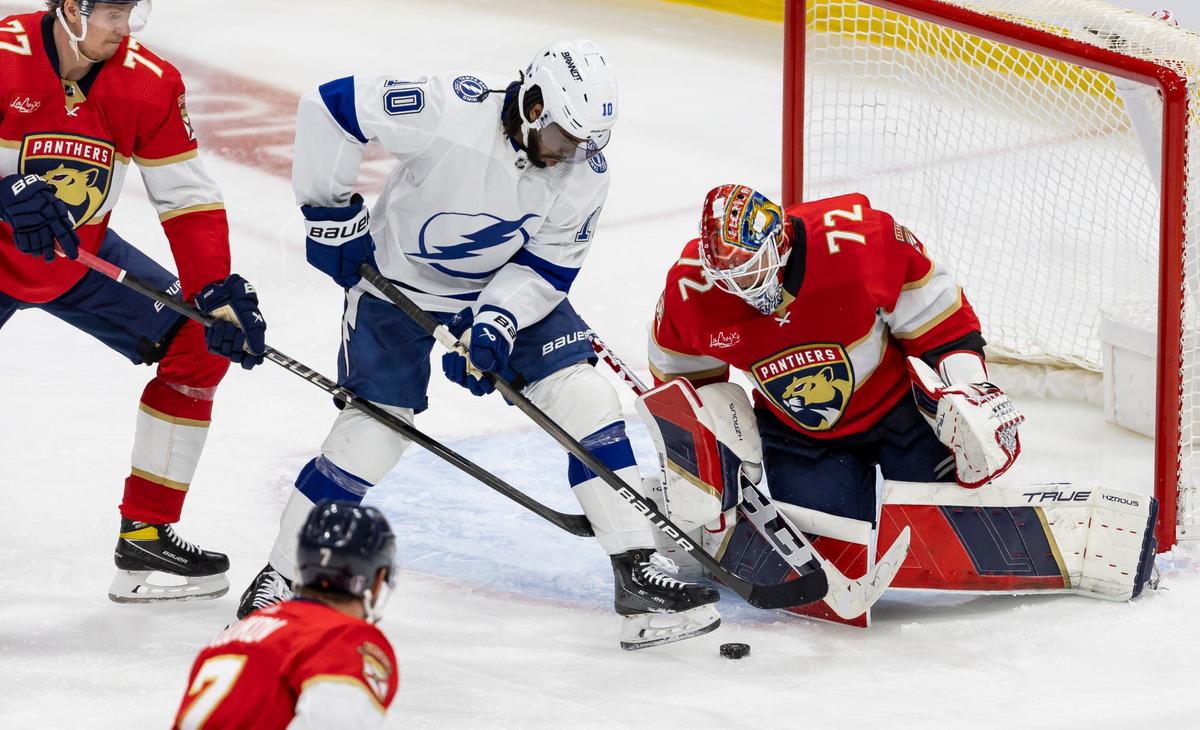 Florida Panthers goaltender Sergei Bobrovsky (72) blocks a shot against Tampa Bay Lightning left wing Anthony Duclair (10) in the third period in Game 2 of the first-round of the 2024 Stanley Cup Playoffs at Amerant Bank Arena on Tuesday, April 23, 2024, in Sunrise, Fla.